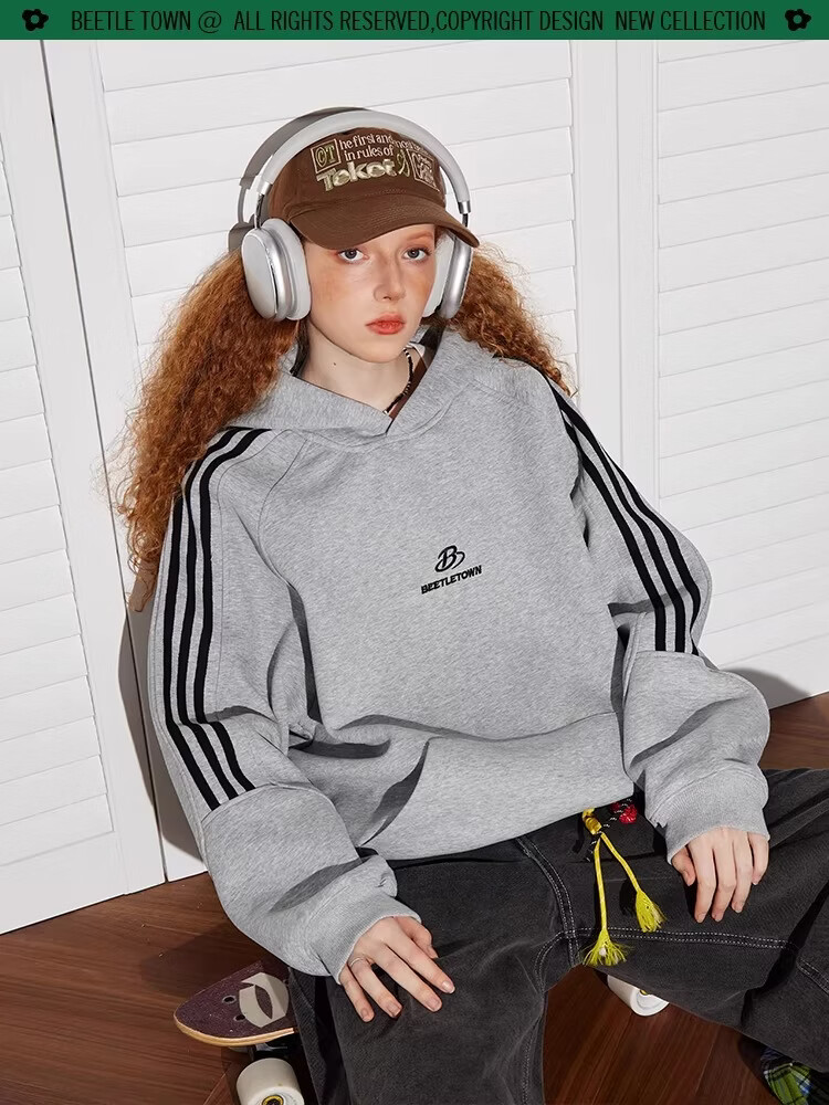 BEETLE TOWN American Style Striped Gray Raglan Sleeve Sweatshirt Women Spring New Versatile Couple Top Heather Gray M 1
