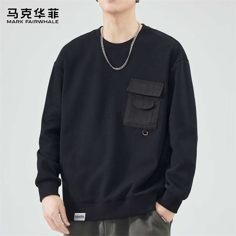 MARK FAIRWHALE Men's Sweatshirt Spring Autumn American Style Casual Long Sleeve T-Shirt Black L
