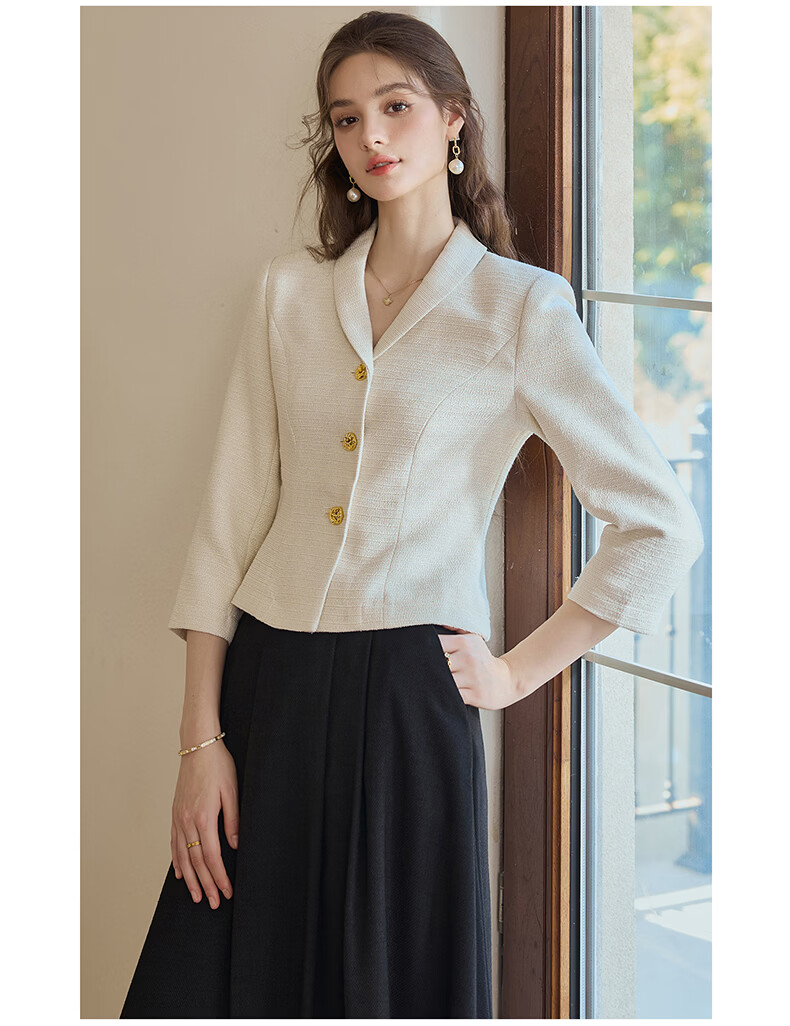 ROEYSHOUSE French Style Light Mature Tweed Short Jacket Women Spring Waist Slim Top 09445 Off-White S 10