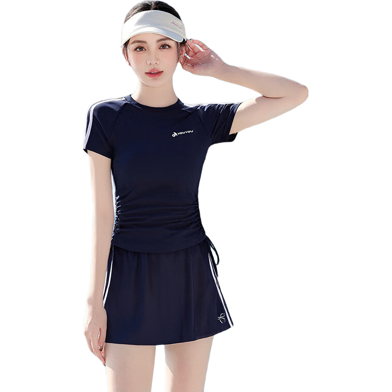 F.DYRAA Women's Swimwear Hot Spring Split Skirt Style Tummy Control Slimming Conservative Four-Piece Set 16011 Navy Blue XL