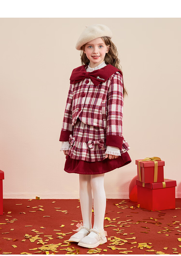 Disney Girls' Warm Set Autumn Spring 2026 New Stylish Children's Red Jacket Pleated Skirt Two-Piece Set 12