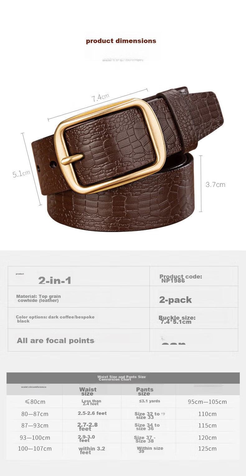 Cattlesboss Men's Belt, Alligator Pattern, Top-Grain Leather, Pin Buckle with Copper Clasp, 1986 Gift for Dad, Dark Brown, 110cm 5
