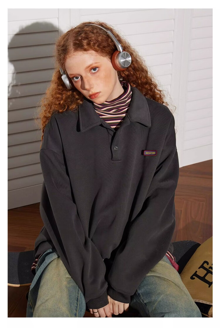 BEETLE TOWN Minimalist Casual Polo Collar Sweatshirt Women Spring New Couple Long Sleeve Collared Jacket Navy Blue S 16