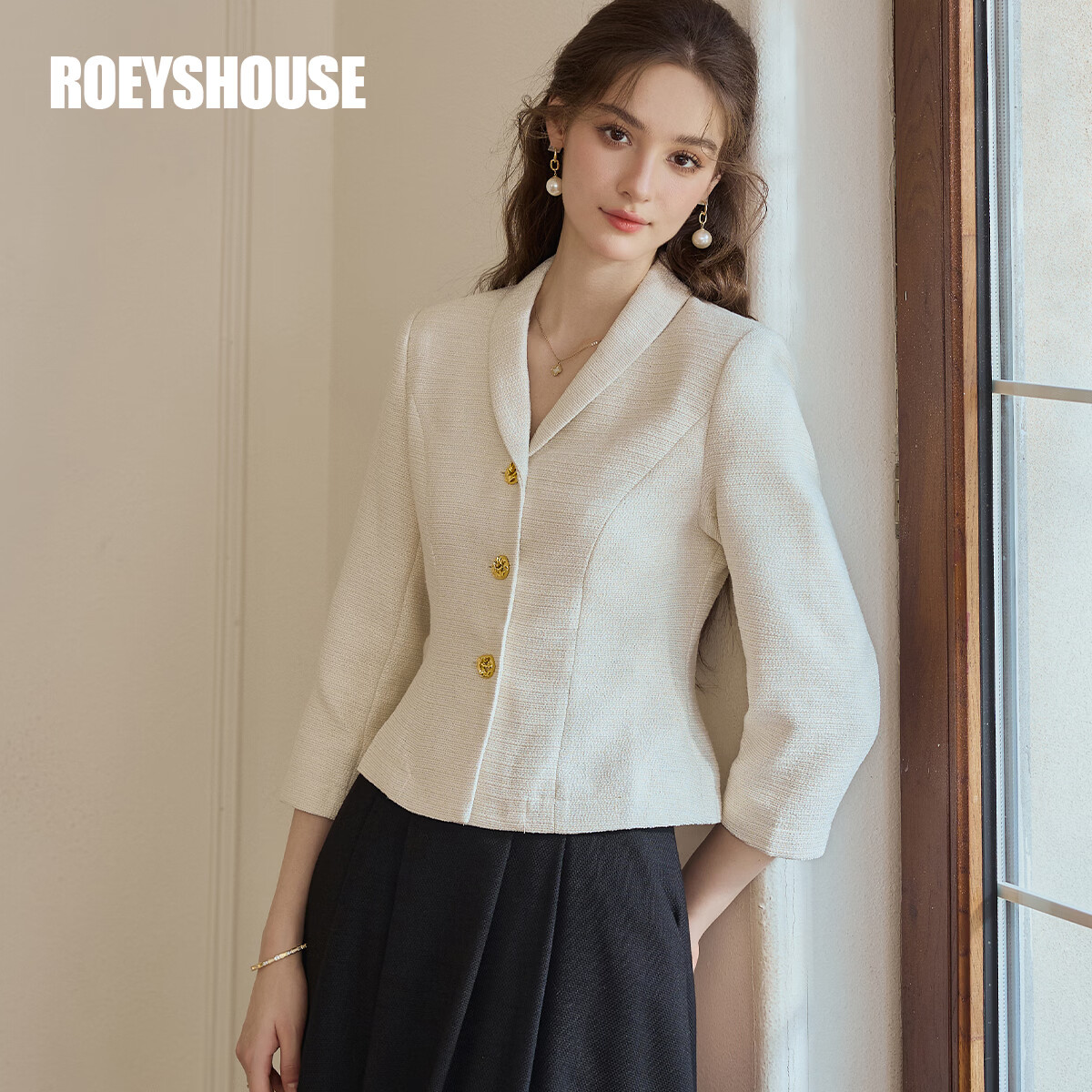 ROEYSHOUSE French Style Tweed Short Jacket Women Spring Waist-Cinching Top 09445 Off-White 2XL