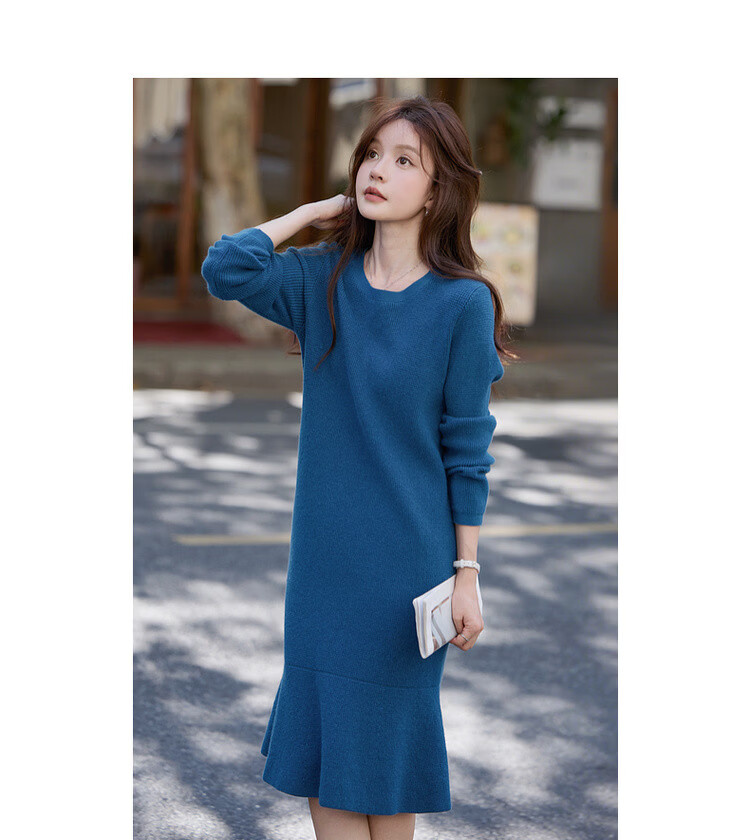 MT Smart Warm Style Winter Lazy Round Neck Fish Tail Soft Comfortable Elegant Knit Long Dress for Women 17