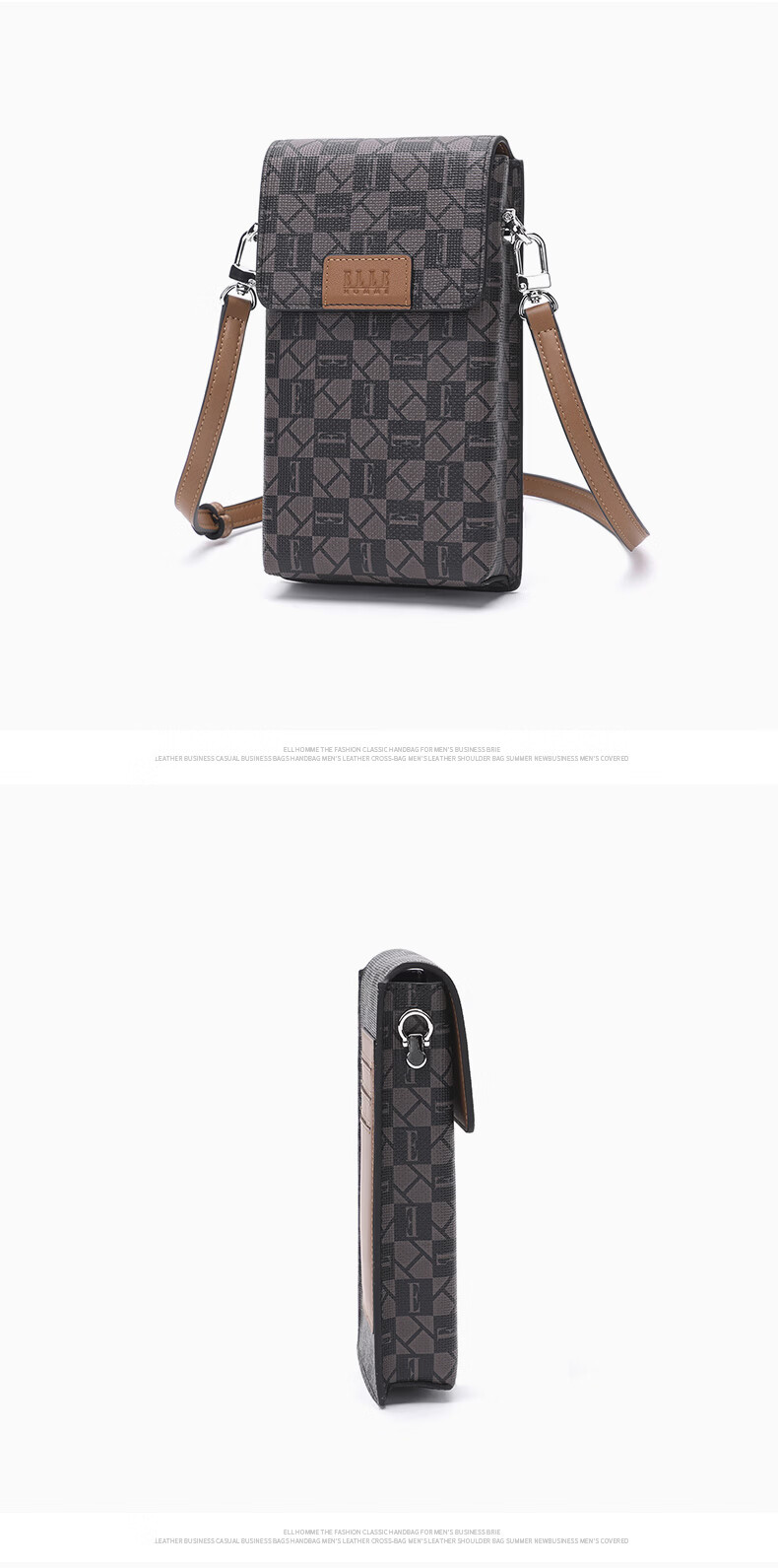 ELLE HOMME Fashion Single Shoulder Crossbody Bag Trendy PVC Leather Phone Bag Casual Unisex Small Shoulder Bag 3031 Dark Coffee 6