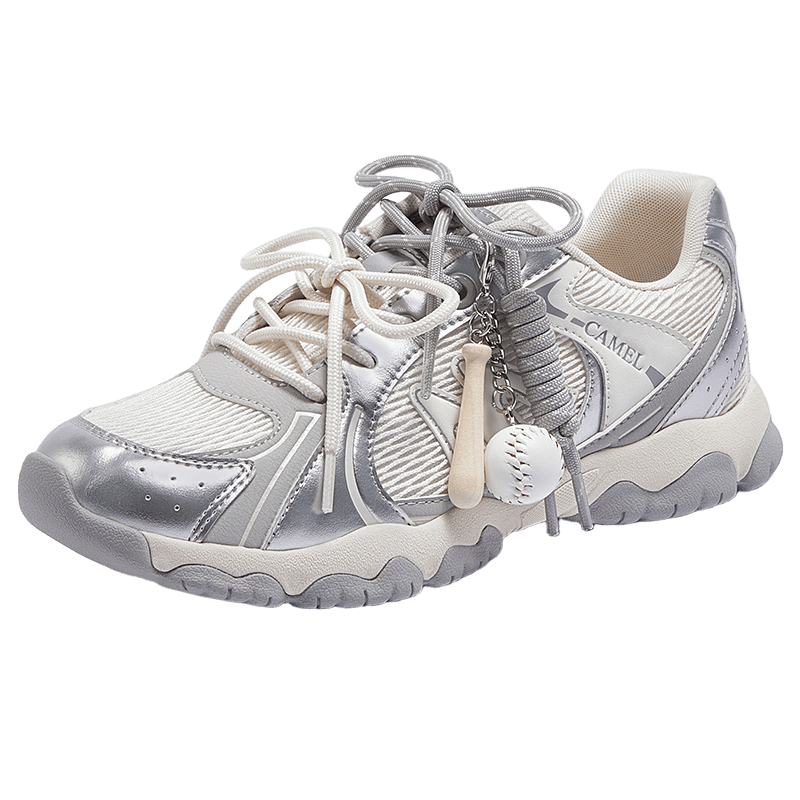 CAMEL Lightweight Cloud Training Shoes for Women Color-block Double Shoelace Lightweight Thick-soled Casual Shoes L26S076027A Off-white/Silver Size 37