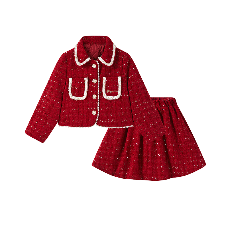 Disney Girls' Spring Autumn 2026 New Stylish Red Padded Jacket and Skirt Two-Piece Set