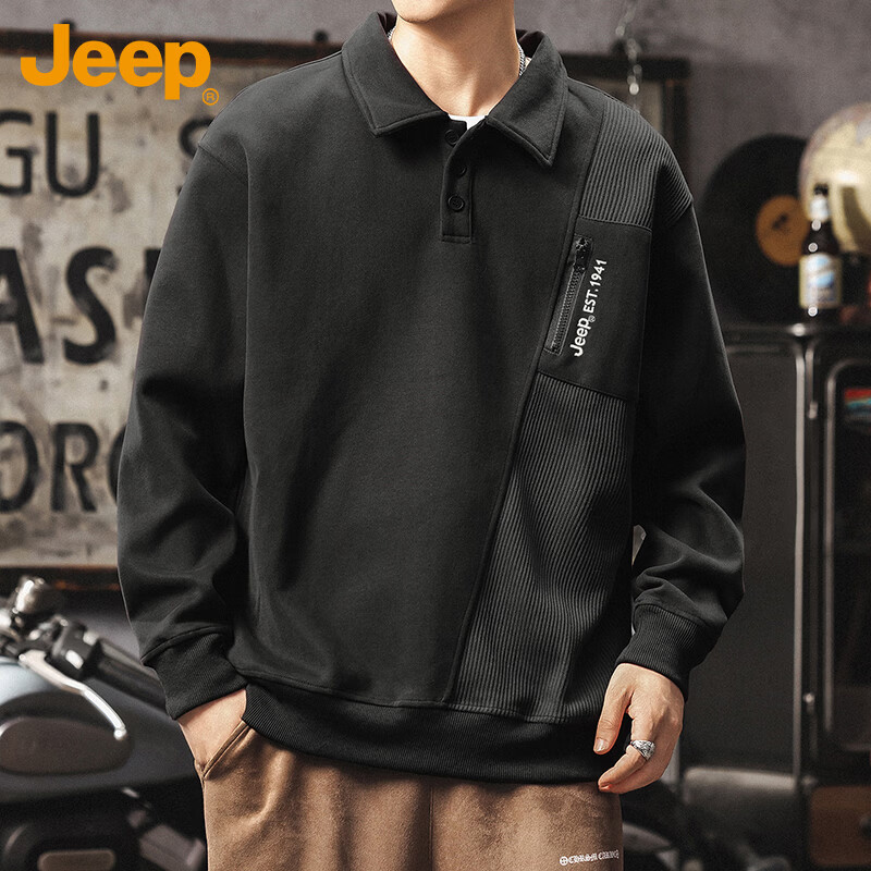 JEEP Men's Heavyweight Long Sleeve Polo Sweatshirt Spring Autumn Black XL