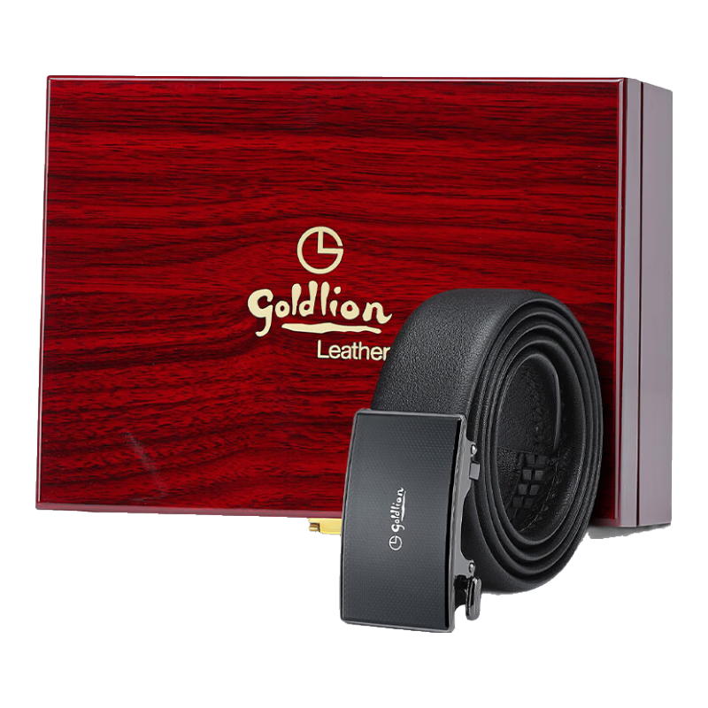 Goldlion Men's Leather Belt with Inner Buckle, Automatic Buckle Waistband, High-End Rosewood Gift Box Set, Birthday Gift for Gifting