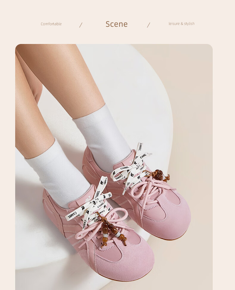 CAMEL Women's Training Shoes Floral Beaded Double Shoelaces Height Increasing Thin Sole Casual Shoes L26S577054 Pink Size 35 5