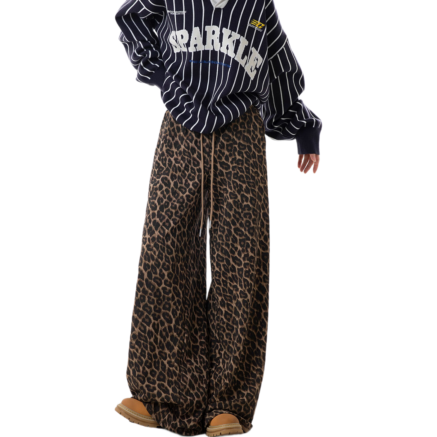 ICH MODE American Style Leopard Print Pants Casual Women's Pants 2026 Spring Summer New Loose Wide Leg Straight Pants Lazy Style Coffee Color Leopard Print XL