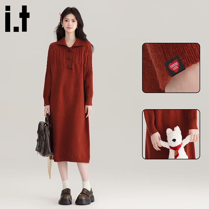 :CHOCOOLATE IT Twisted Knit Pullover Dress with Notched Collar for Women Spring Autumn New Warm Sweater Dress Red S