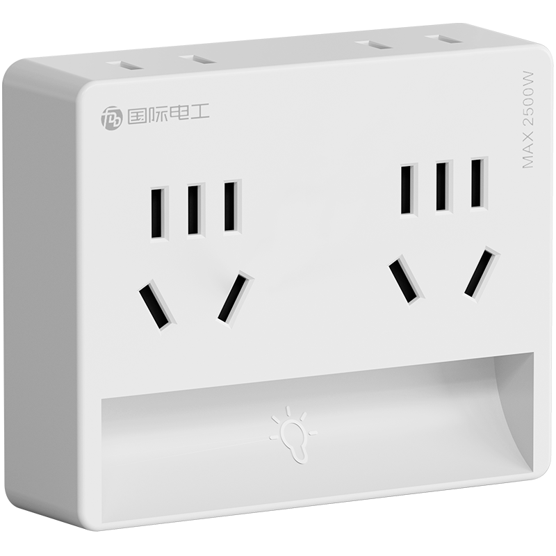International Electrician Extension Socket Converter with Bedside Night Light Multifunctional Wall Dormitory Desktop Socket Extension Adapter One-to-Multi Socket One-to-Four + Night Light White