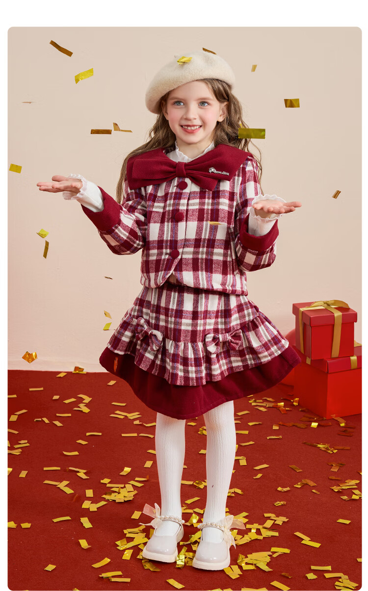 Disney Girls' Warm Set Autumn Spring 2026 New Stylish Children's Red Jacket Pleated Skirt Two-Piece Set 5