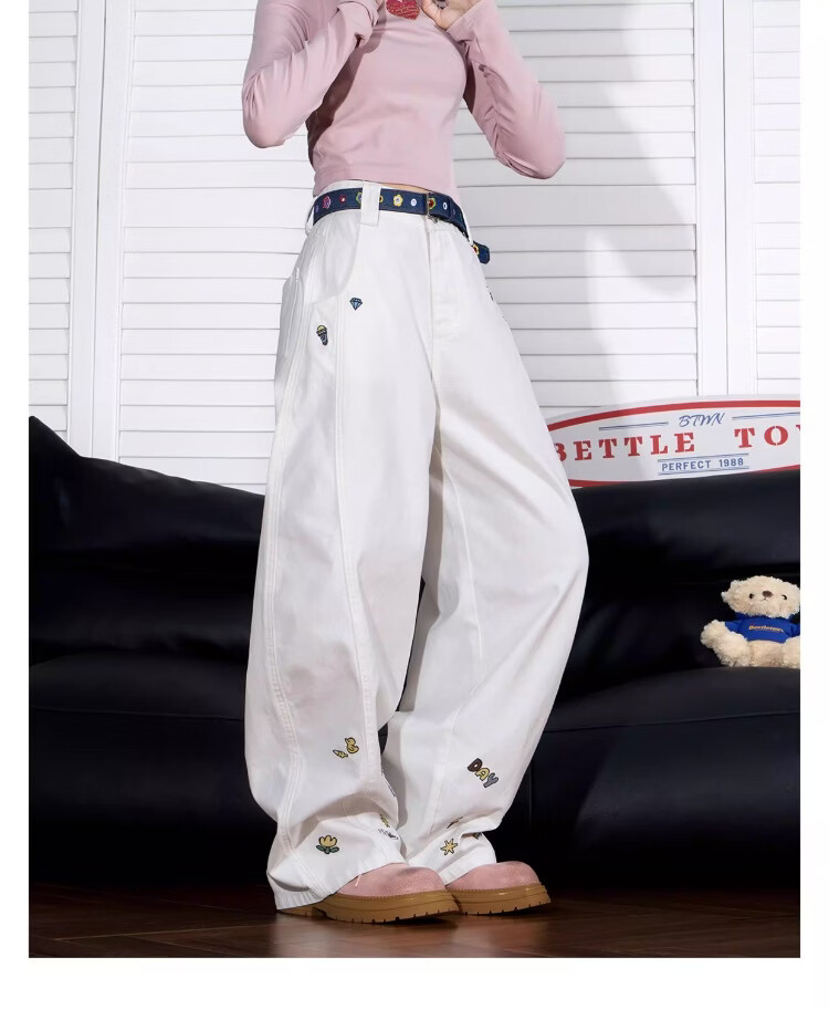BEETLE TOWN Cartoon Embroidered Casual Pants for Women Spring Autumn 2025 New Loose Wide-Leg Curved Blade Pants Black M 25