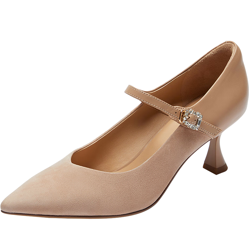 Le Saunda 2026 Spring New Women's Pointed Toe Lambskin Stiletto Mary Jane Flats 7M64901 Milk Tea Apricot BES36