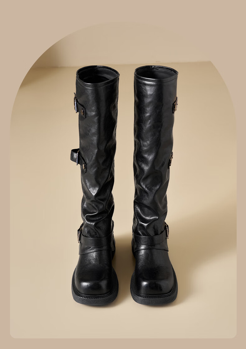 St&Sat Women's Fleece-Lined Tall Boots 2025 Winter New Fashion Belt Buckle Versatile Knight Boots Western Cowboy Mid-Calf Boots 3