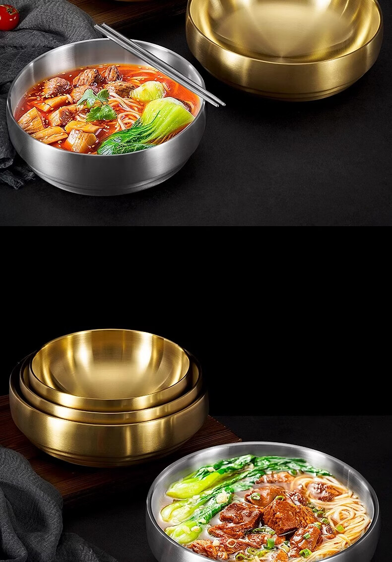 Caitang Thickened Stainless Steel Korean Cold Noodle Bowl Double-Layer Anti-Scald Korean Bibimbap Soup Bowl Gold 21cm Jingcang 12