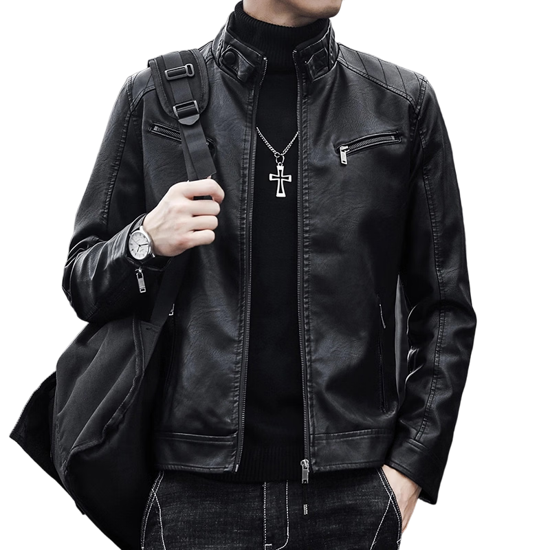 MARK FAIRWHALE Men's Leather Work Jacket Spring Autumn Stand Collar Biker Coat Coffee M