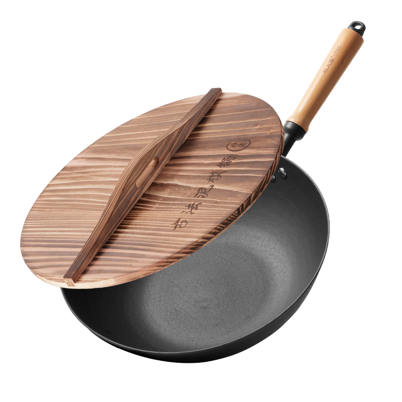 COOKER KING Iron Wok, Handmade Cast Iron Frying Pan, Traditional Non-Heritage Mud Film Cast Pan, Flat Bottom Pan, 32cm FY32NMP