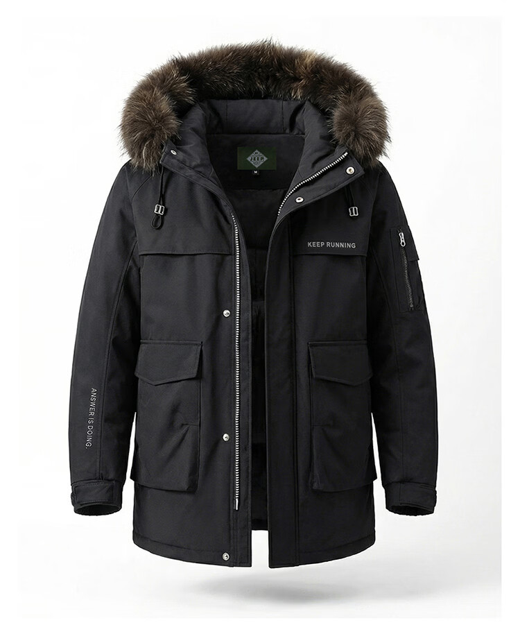 JEEP SPIRIT Men's Down Jacket Autumn Winter Workwear Fur Collar Mid-Length Parka Military Green 4XL 6