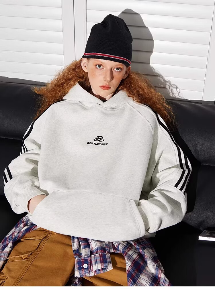 BEETLE TOWN American Style Striped Gray Raglan Sleeve Sweatshirt Women Spring New Versatile Couple Top Heather Gray M 13
