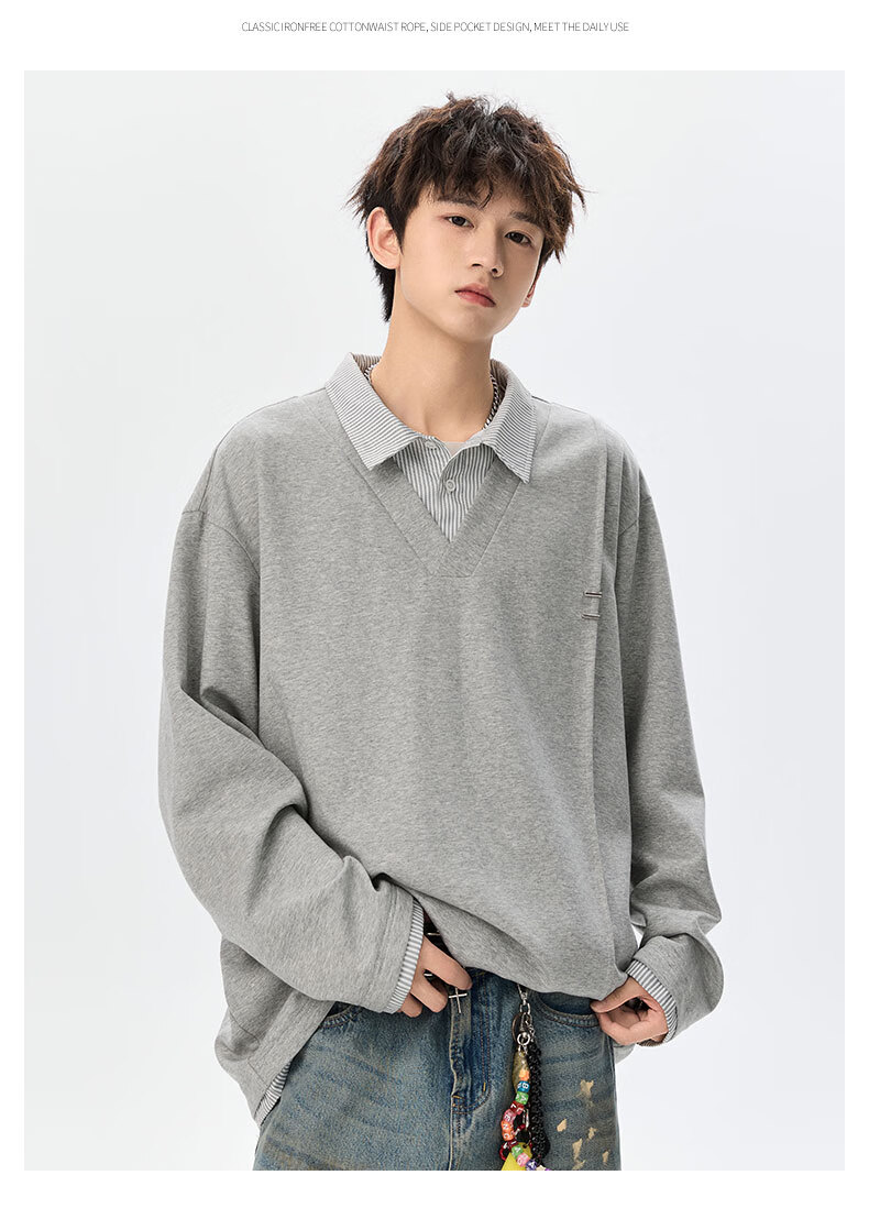 Foss Phil Men's Spring Autumn Colorblock Layered Collar Sweatshirt Casual Polo Shirt YWY1022 Glacier White XL 20