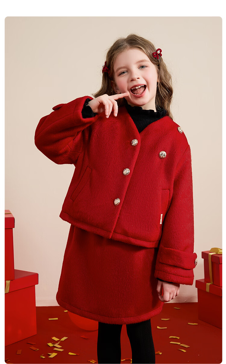 Disney Girls' Spring and Autumn 2026 New Stylish Winter Thick Woolen Coat and Skirt Two-Piece Set with Scarf 3