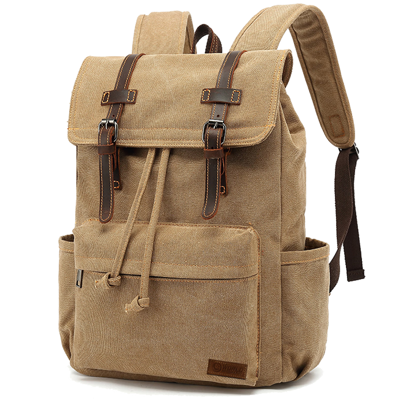 World Geography New Genuine Leather Canvas Backpack Unisex Large Capacity 15.6-inch Laptop Student School Bag Khaki