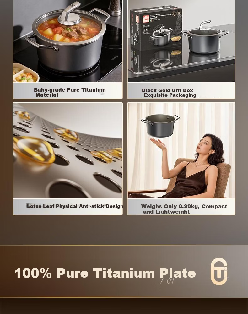 Alluflon Aluflon Pure Titanium Soup Pot Healthy 0-Fluoride Non-Coated Stew Pot Steaming Cooking Induction Gas Stove Compatible 22cm 3