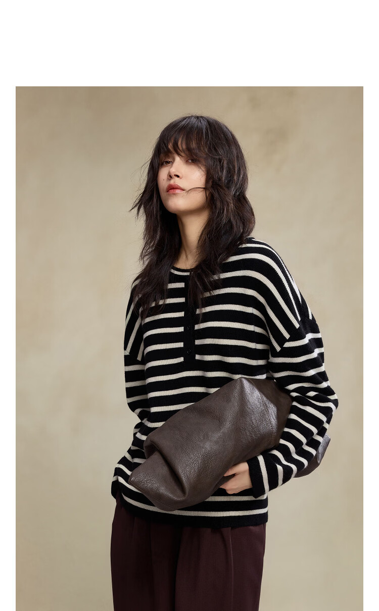 Demana Breathable Wool Blend Vintage Salt-Wind Half-Placket Striped Loose Knit Sweater Women's Top Winter 13
