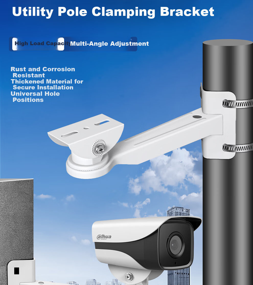 COMPCCTV Outdoor Surveillance Pole Mount Bracket for Security Cameras, Iron Clamp Holder for Utility Poles, Fence, Adjustable Goose Neck Joint, Wall Corner Installation Bracket 2