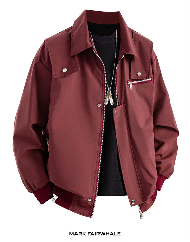 MARK FAIRWHALE Men's Workwear Jacket Spring Autumn American Style Baseball Jacket Wine Red M 5