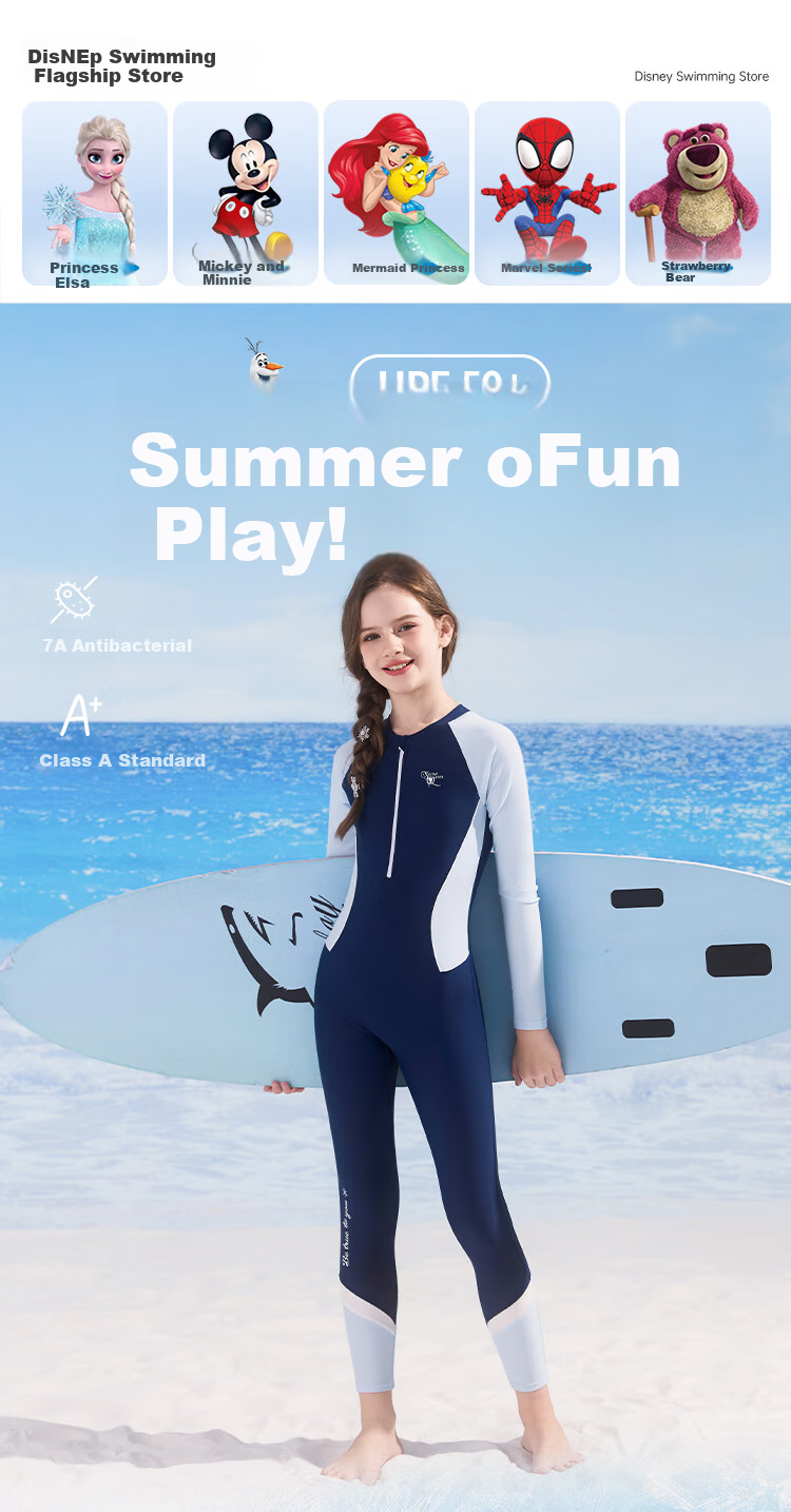 Disney Kids Girls Swimwear Sunscreen One-Piece Long Sleeve Long Pants Swimsuit D36665S2F Blue Elsa 120 1