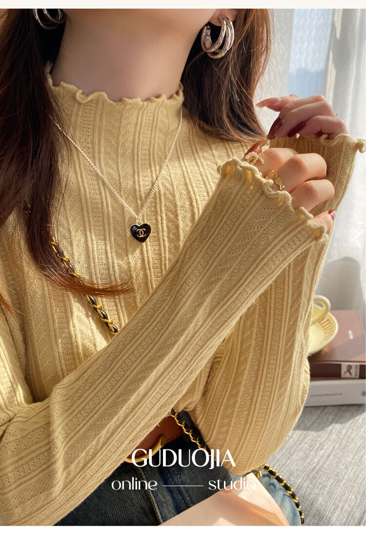 Caramella Women's 38 Goddess Festival Gift Semi-Turtleneck Ruffled Jacquard Long-Sleeve T-Shirt Spring Autumn 14