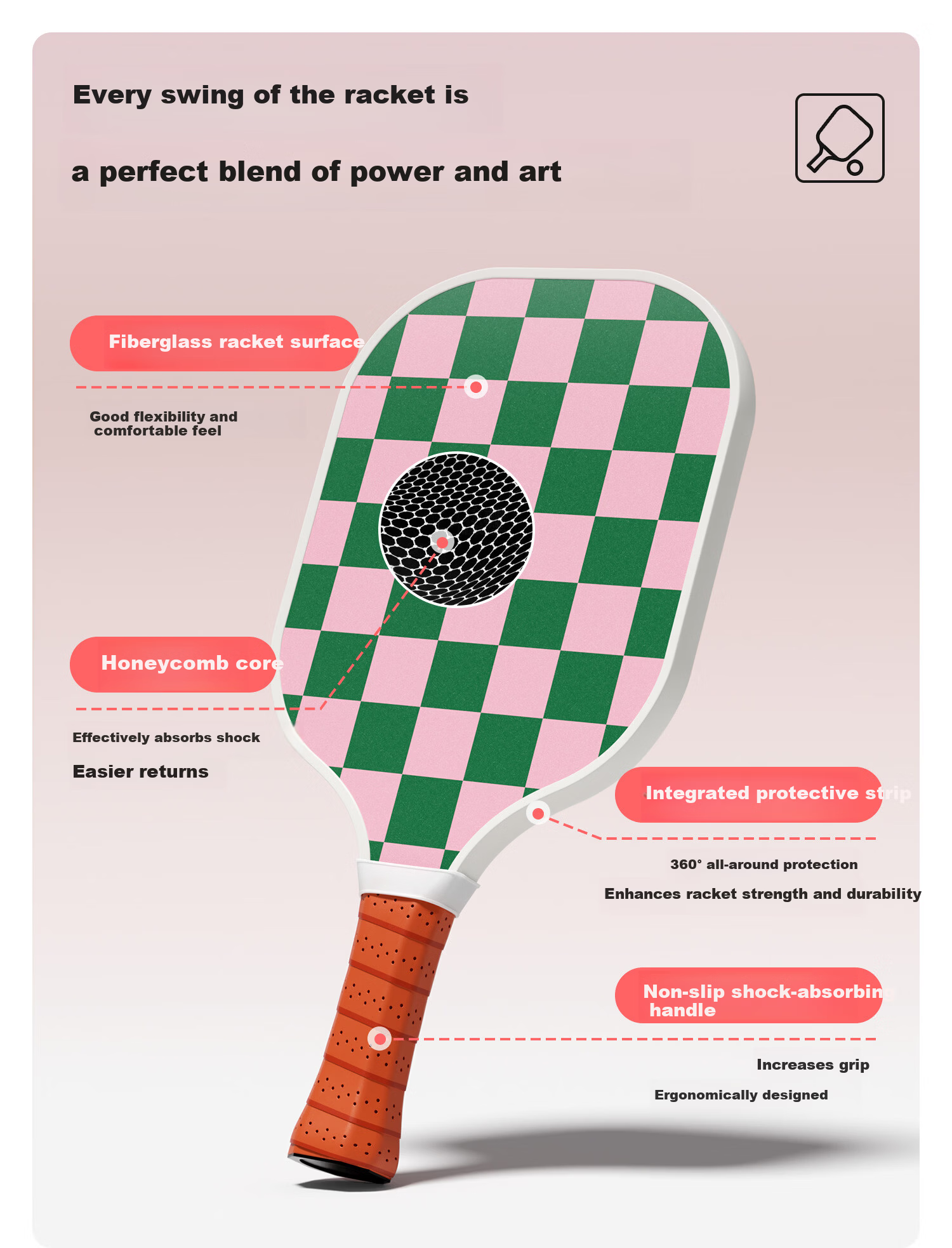 Yottoy Fiberglass Pickleball Paddle High-Quality Adult Student Training Professional Pickleball Paddle with Cover Pink+Green 4