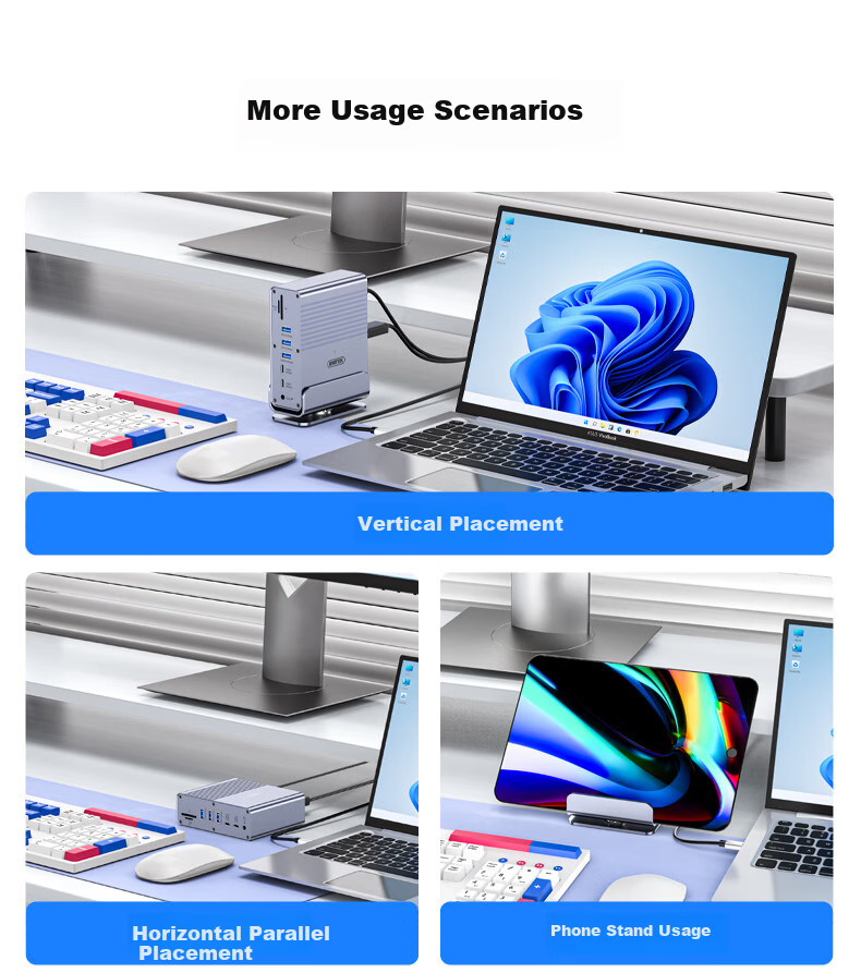 Superior Desktop Docking Station Type-C to Dual HDMI/DP Quad Display 4K60Hz High-Definition Expansion Card Reader Gigabit Ethernet Multi-Function Vertical Dock Compatible with Mac 18