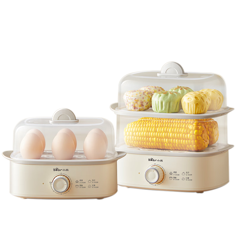 Bear Egg Steamer, Egg Cooker, Small Multifunctional Single And Double Layer Electric Steamer for Home Use, Automatic Power-Off Long Timer, Mini Multifunctional All-In Breakfast Machine for 1-2 People, ZDQ-K12H1