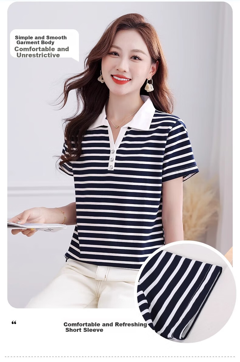 Woodpecker Pure Cotton Polo Collar Short Sleeve T-Shirt Women Summer Striped Polo Shirt Loose Plus Size Black White L 5