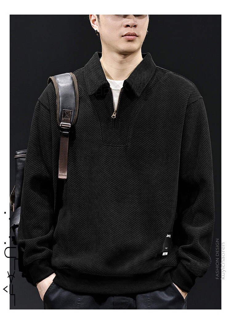 JEEP Men's Heavyweight Spring Autumn High-End Loose Long Sleeve Polo Shirt Black 3XL 10