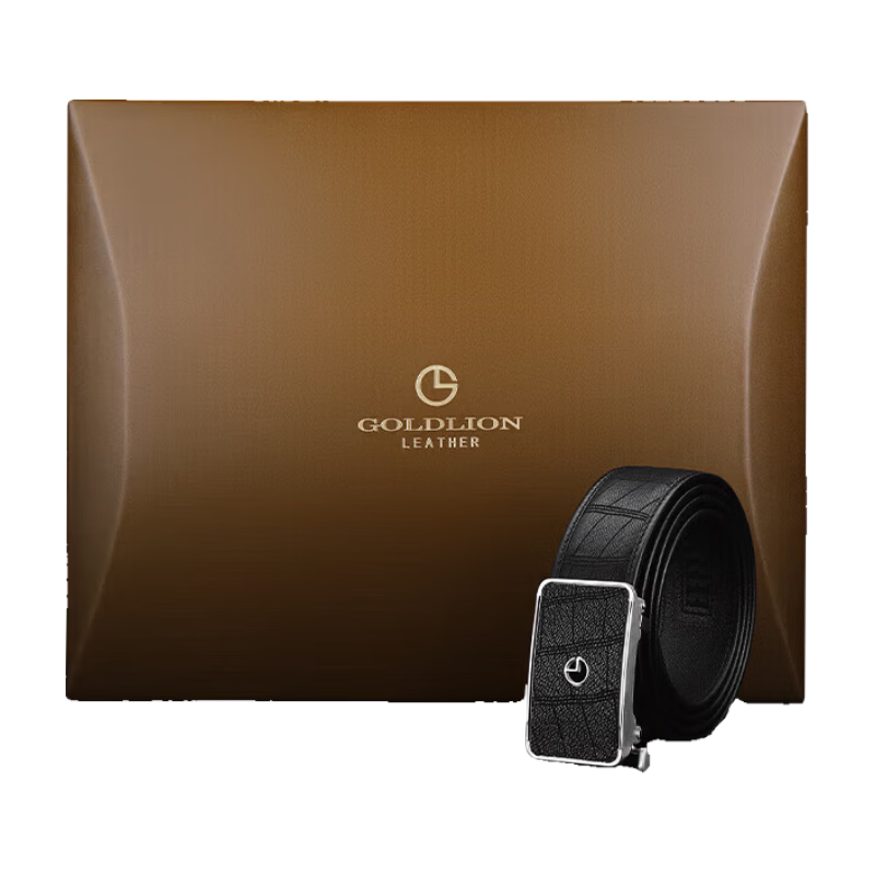 Goldlion Leather Belt with Automatic Buckle, High-Quality Wooden Gift Box, Birthday Present