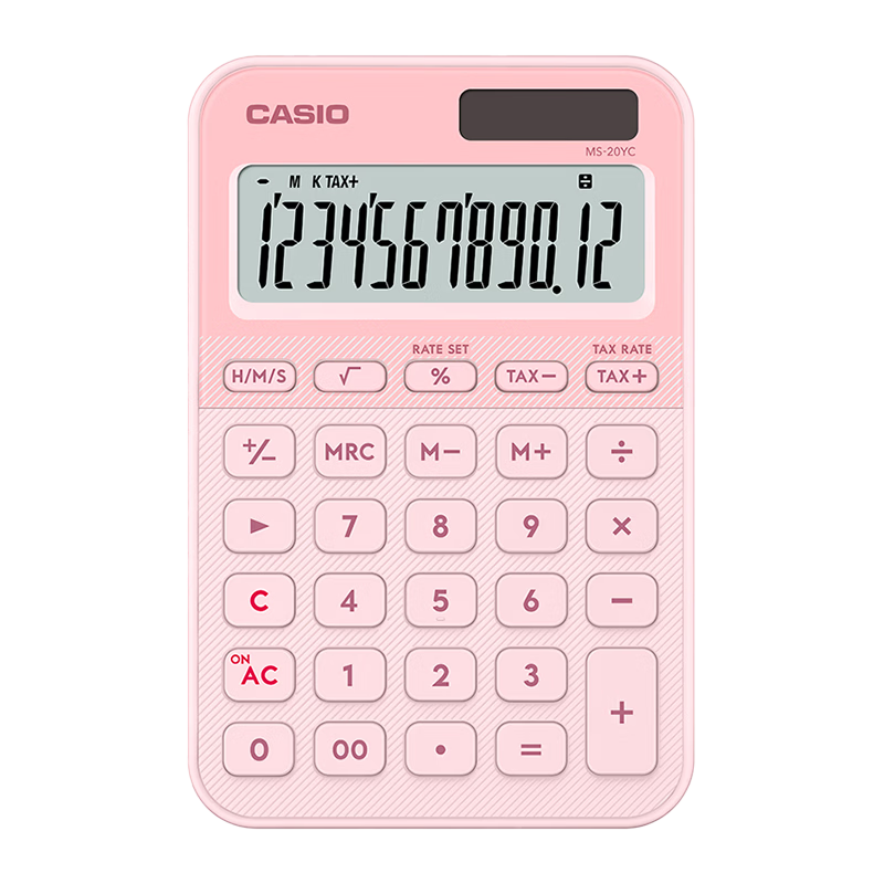 CASIO Dual Power Desktop Calculator 12-Digit Large Screen Solar MS-20YC Macaron Pink