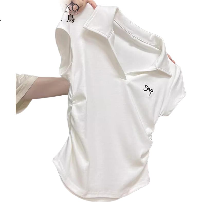 Woodpecker POLO Collar Pure Desire Short Sleeve Bow Embroidery Shoulder T-Shirt Women Slim Fit Cropped Top White M