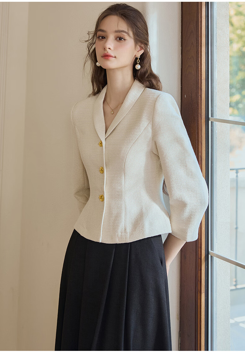ROEYSHOUSE French Style Light Mature Tweed Short Jacket Women Spring Waist Slim Top 09445 Off-White S 14