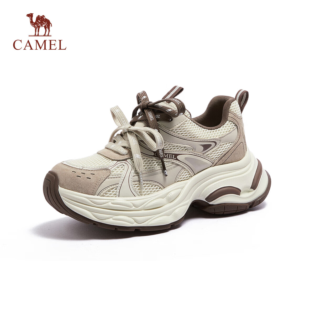 CAMEL Women's Dad Sneakers Mesh Splicing Double Shoelaces Thick Sole Casual Shoes L26S283011 Beige/Brown Size 35