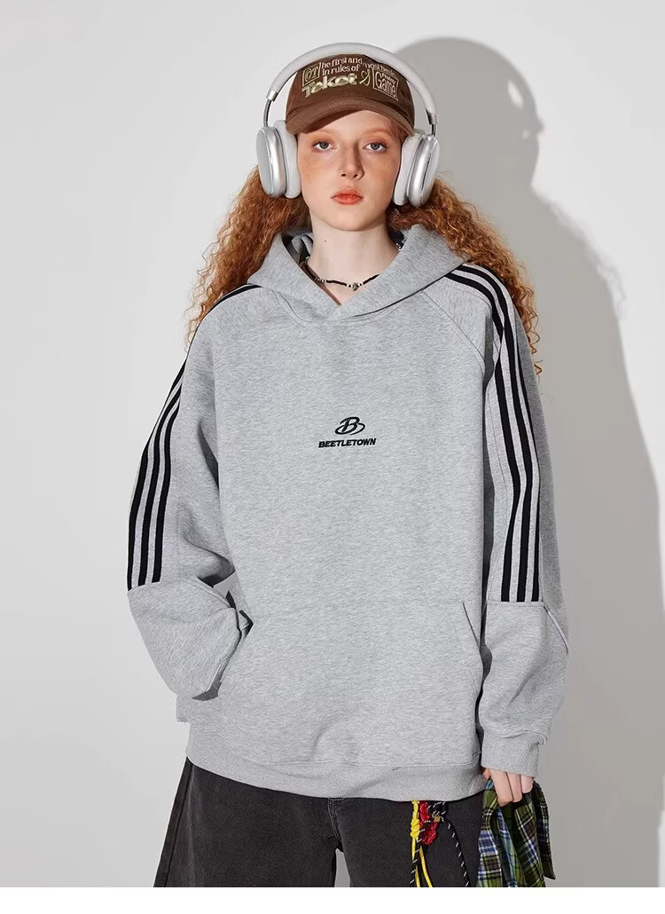 BEETLE TOWN American Style Striped Gray Raglan Sleeve Sweatshirt Women Spring New Versatile Couple Top Heather Gray M 18