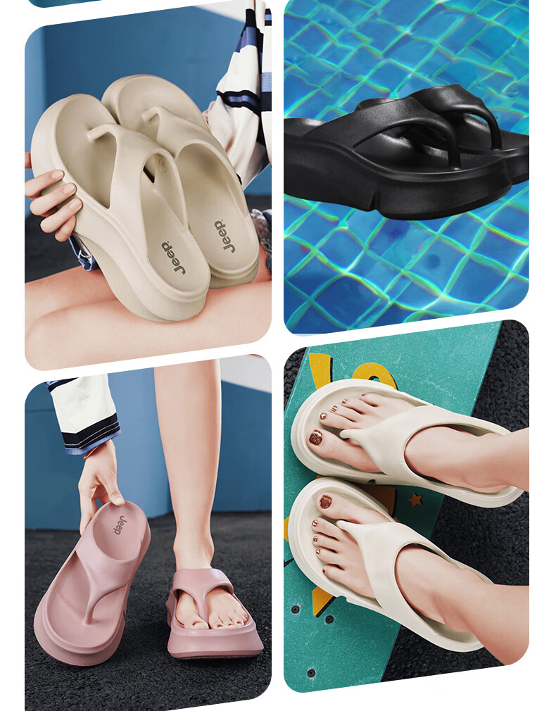 JEEP Women's New Herringbone Flip Flops Outdoor Casual Thick Sole Height Increasing 7cm Black Size 37-38 4