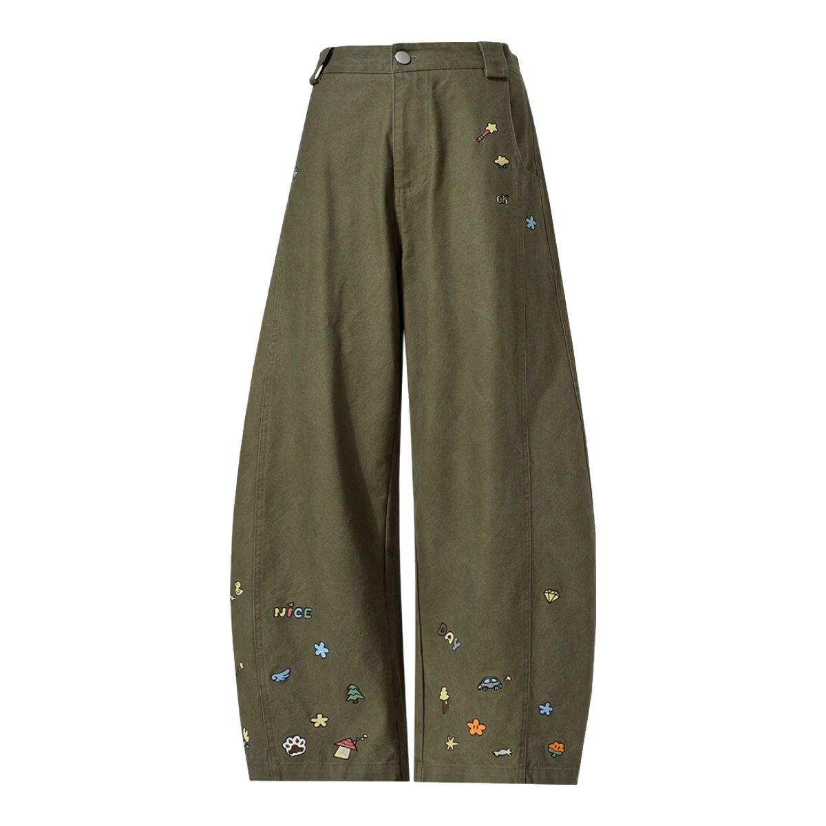 BEETLE TOWN Cartoon Embroidered Casual Pants for Women Spring Autumn 2025 New Loose Wide-Leg Curved Blade Pants Military Green S