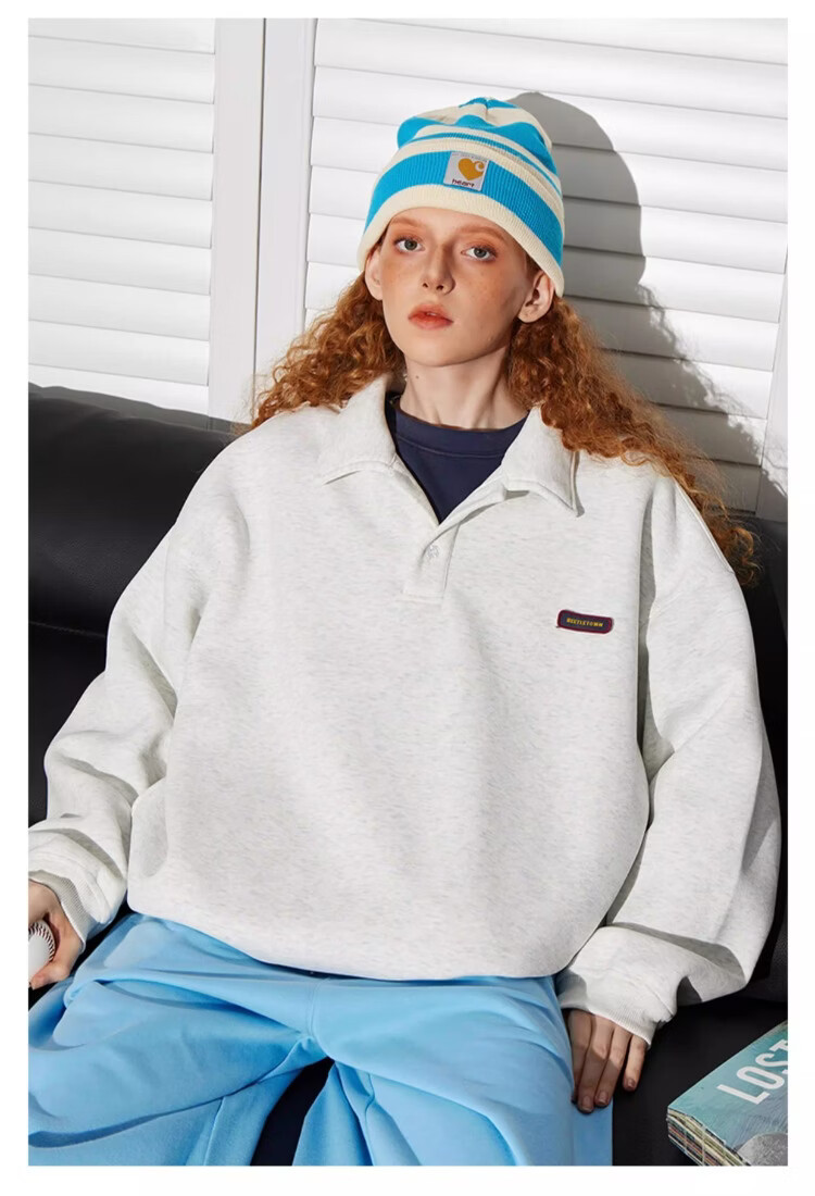 BEETLE TOWN Minimalist Casual Polo Collar Sweatshirt Women Spring New Couple Long Sleeve Collared Jacket Navy Blue S 8